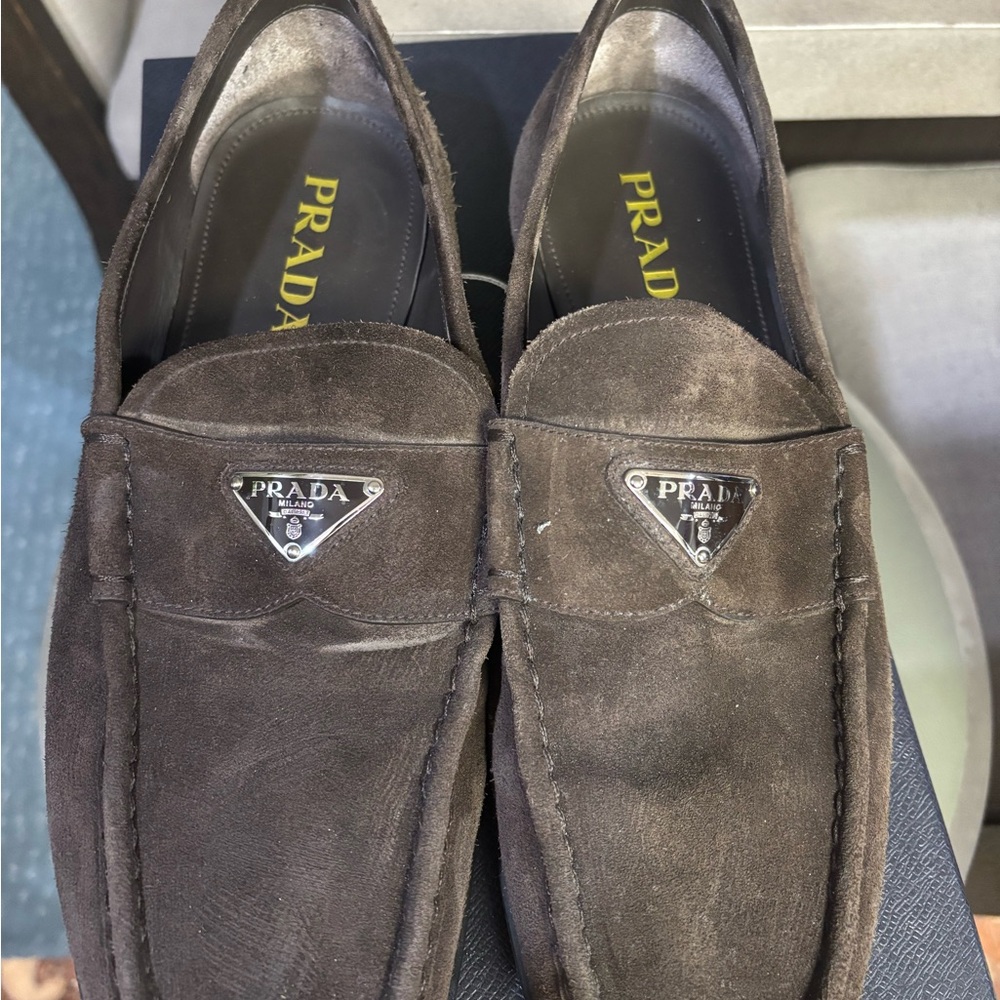 Prada Brown Suede Loafers with Metal Logo - Picture 2 of 6